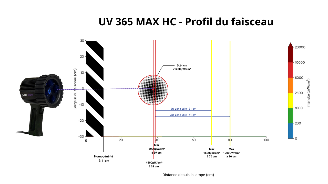 Profil du faisceau de la lampe UV 365 MAX HC montrant l'intensité et la distance